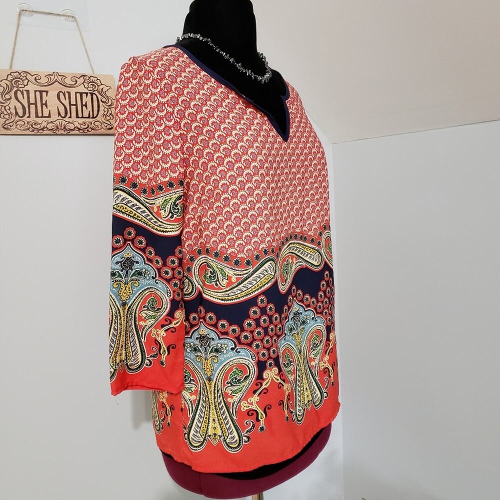 Split Neck 3/4 Sleeve Pullover Tangerine Paisley Tunic Top by Miami Medium - Picture 2 of 12